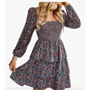 Women's "BTFBM"Floral Print Square Neck Long Sleeve Smocked Ruffle Dress-Med/NWT